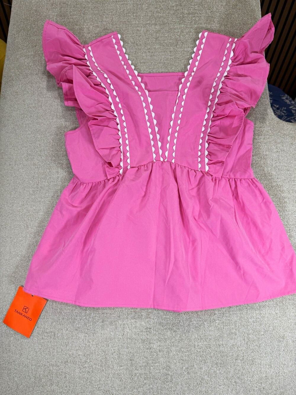 TANKANEO Women’s Pink Square Neck Ruffle Sleeveless Cotton Woven Blouse M
